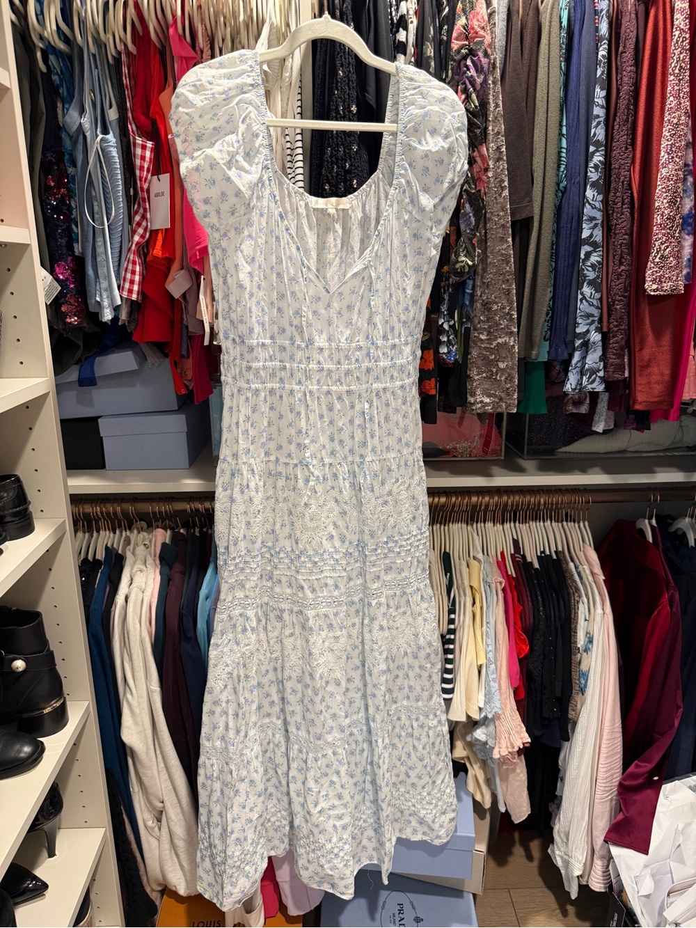 LoveShackFancy White and Light Blue Floral Tiered Midi Dress